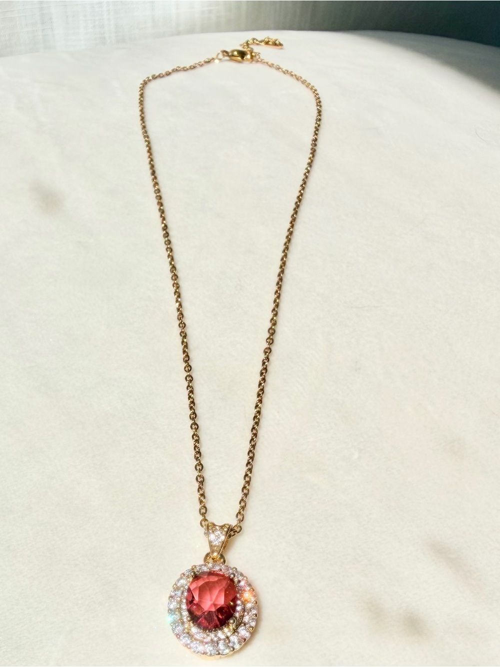 Light Ruby Red Oval Cubic Zirconia Halo Pendant Necklace Stainless Steel